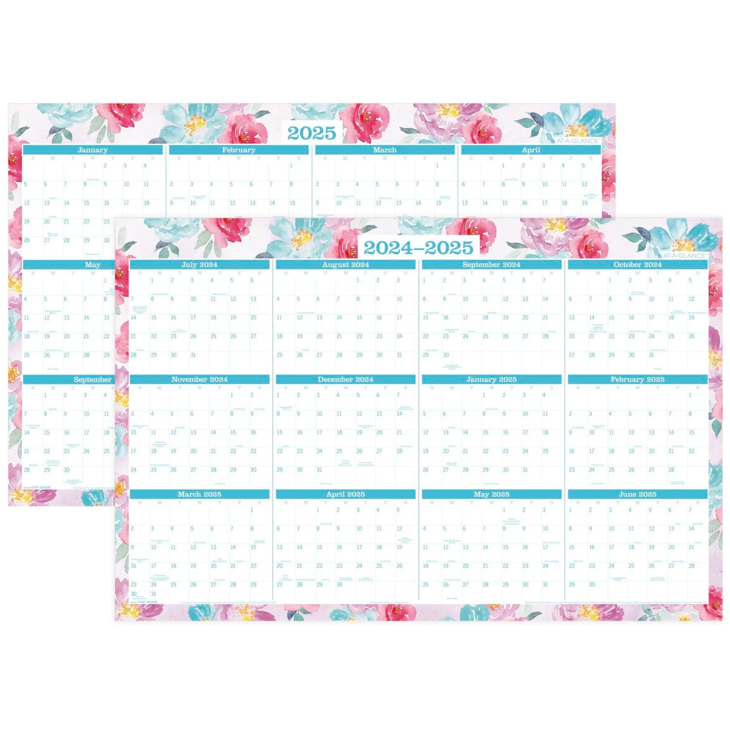 AT-A-GLANCE 2024-2025 Erasable Wall Calendar Planner, 24" x 36", Large, Academic & Regular Year, Dry Erase, Reversible, Vertical/Horizontal, Badge Floral (1710F-550SB)