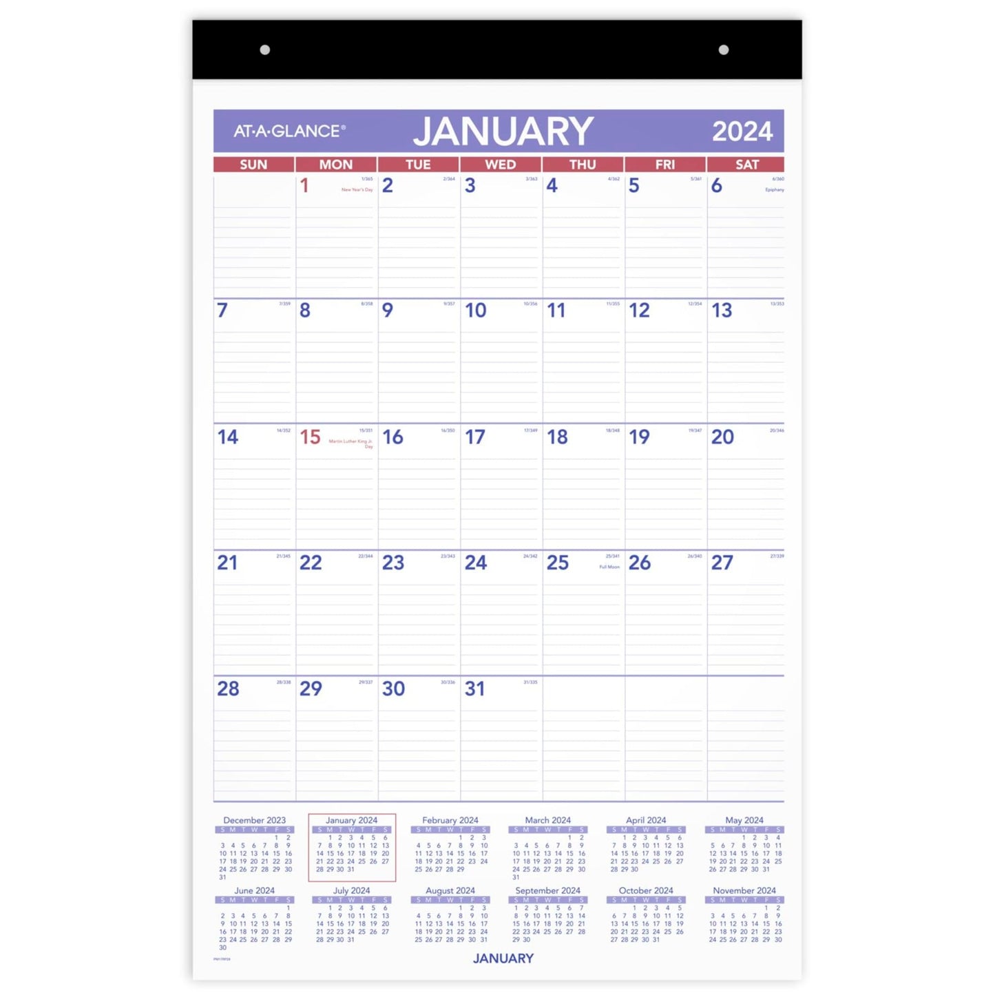 2024 AT-A-GLANCE® Repositionable Wall Calendar With Adhesive Backing, 15-1/2" x 22-3/4", January To December 2024, PM17RP28