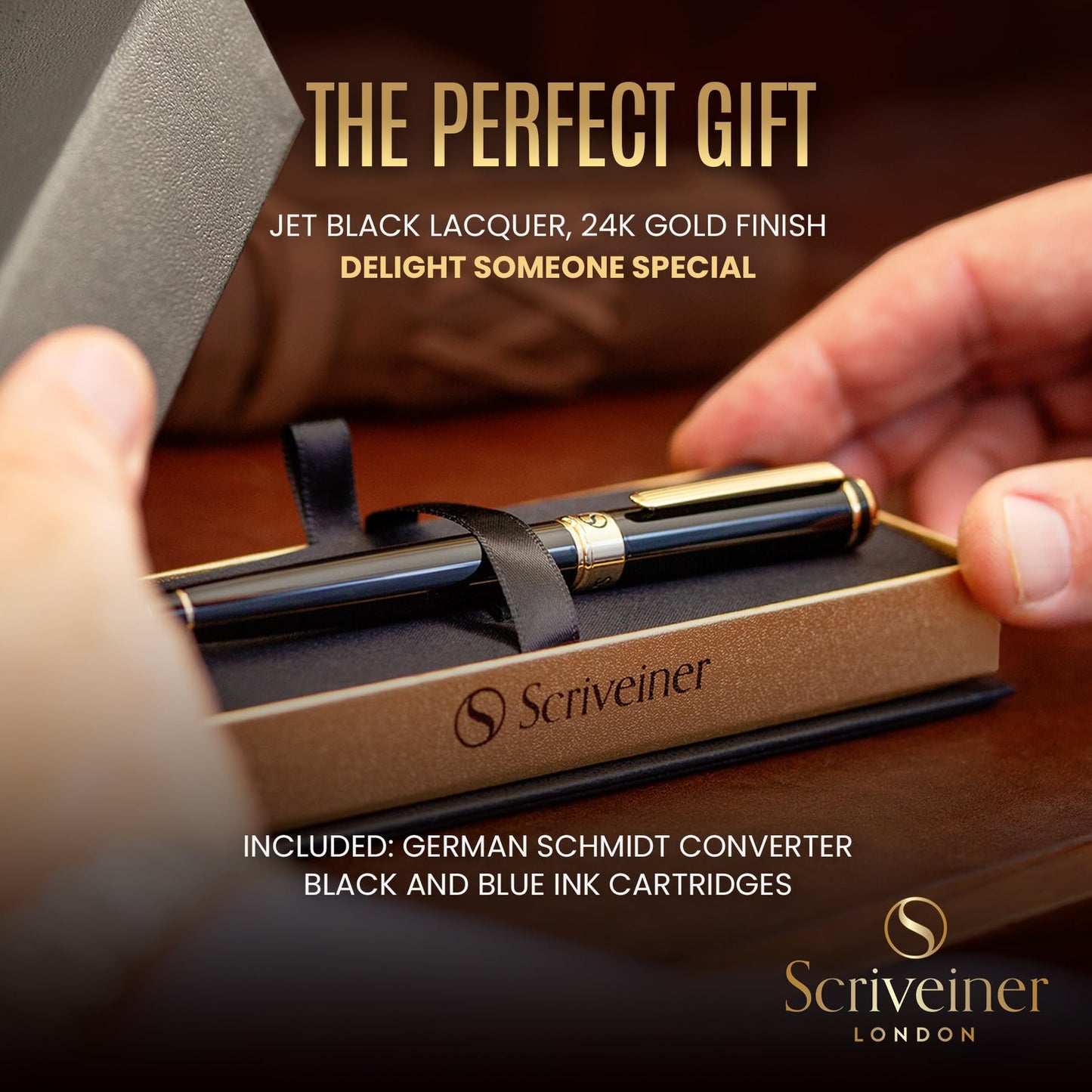 Scriveiner Luxury Fountain Pen - Stunning Black Lacquer Pen, 24K Gold Finish, Schmidt 18K Gilded Nib (Medium), Converter, Best Pen Gift Set for Men & Women, Professional, Executive, Office, Nice Pens