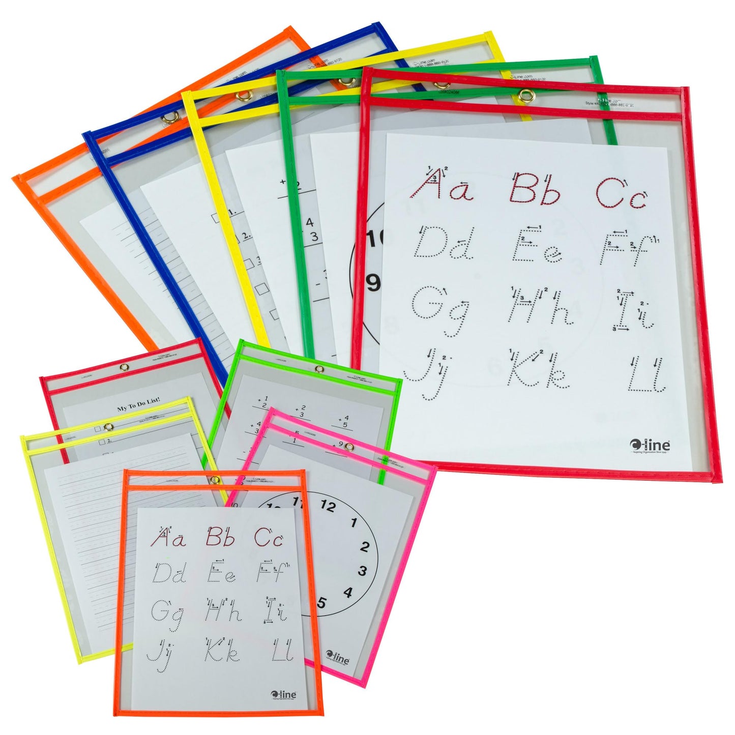C-Line Reusable Dry-Erase Pockets, 9" x 12", Assorted Colors, Pack Of 5 Pockets