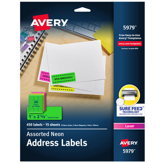 Avery Printable Address Labels with Sure Feed, 1" x 2-5/8", Assorted Neon (Magenta, Green and Yellow), 450 Blank Mailing Labels for Laser and Inkjet Printers (5979)
