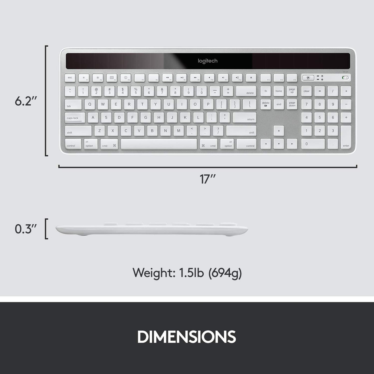Logitech K750 Wireless Keyboard� Solar Recharging, Mac-Friendly, 2.4GHz Wireless - Silver