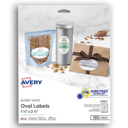 Avery® Easy Peel® Print-To-The-Edge Permanent Inkjet/Laser Oval Labels, 22804, 1 1/2" x 2 1/2", Glossy White, Pack Of 180