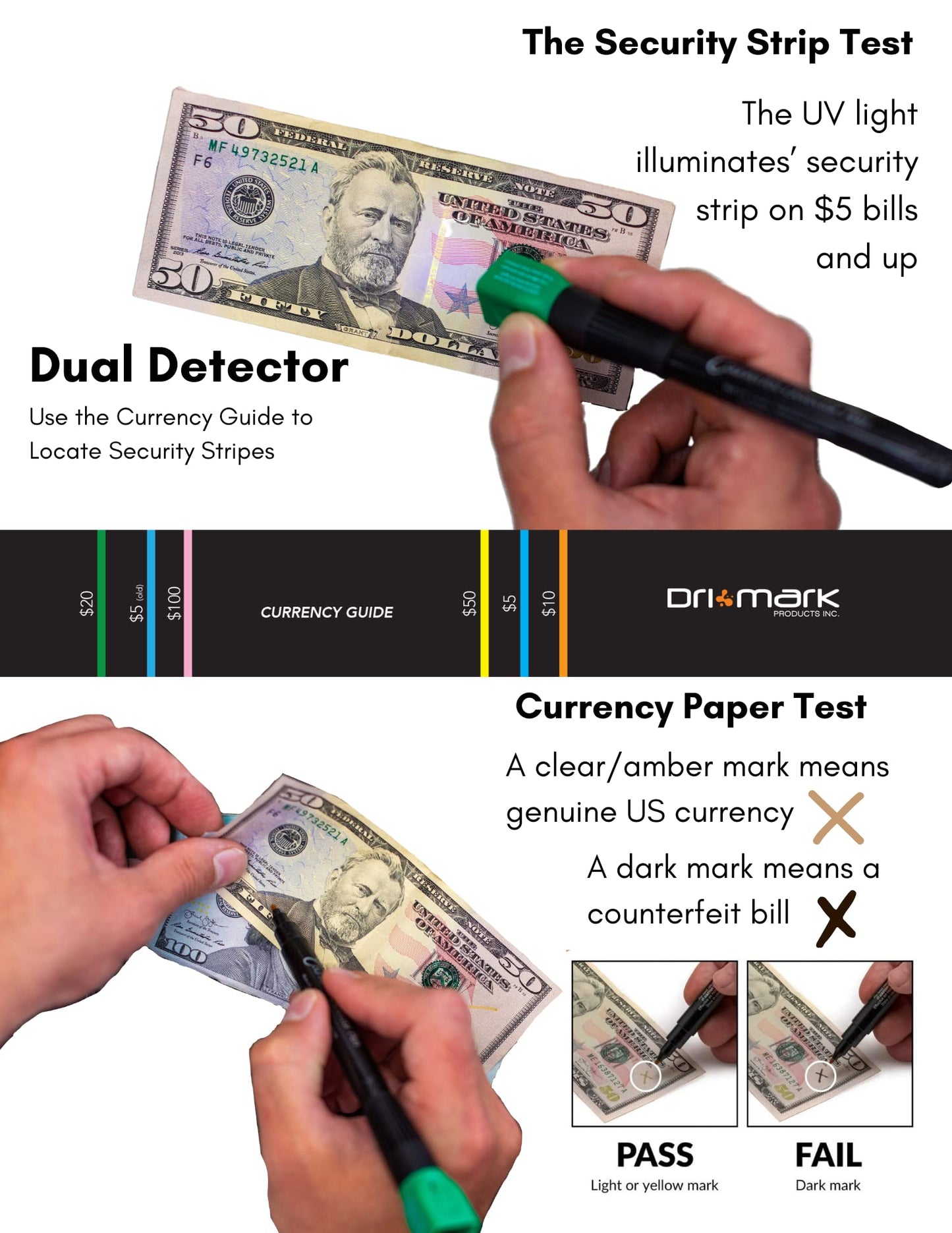 Dri Mark Dual Test - The Original Counterfeit Detection Marker Pen with UV LED Cap, Tests for Security Strips and Authentic Currency Paper - 4 UV Light/Pen Combinations Plus 2 Holders with Coil