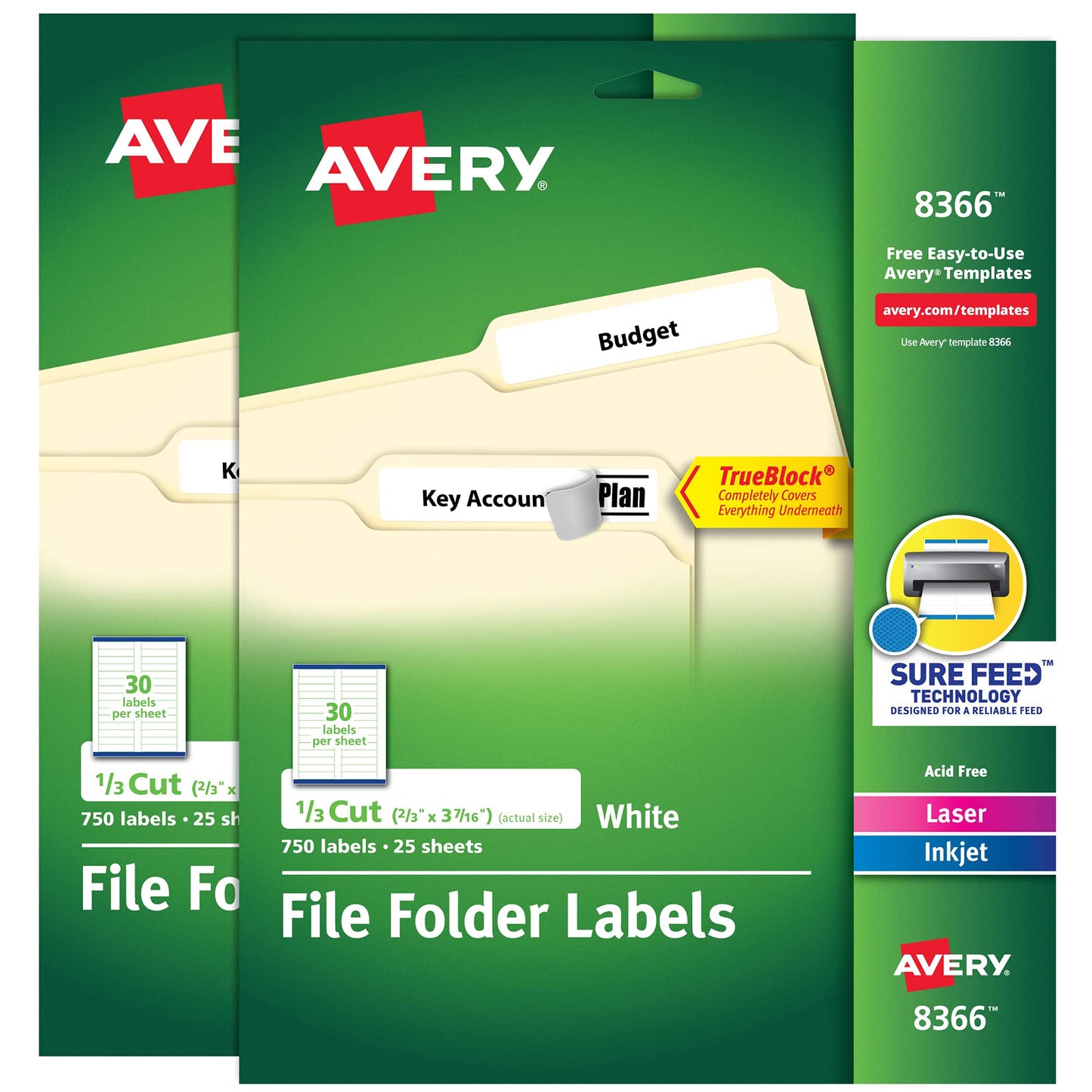 Avery File Folder Labels with TrueBlock Technology, Permanent Adhesive, 2/3" x 3-7/16", Laser/Inkjet, 2-Pack, 1,500 Labels Total (38366)