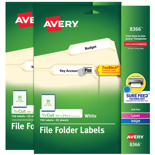 Avery File Folder Labels with TrueBlock Technology, Permanent Adhesive, 2/3" x 3-7/16", Laser/Inkjet, 2-Pack, 1,500 Labels Total (38366)