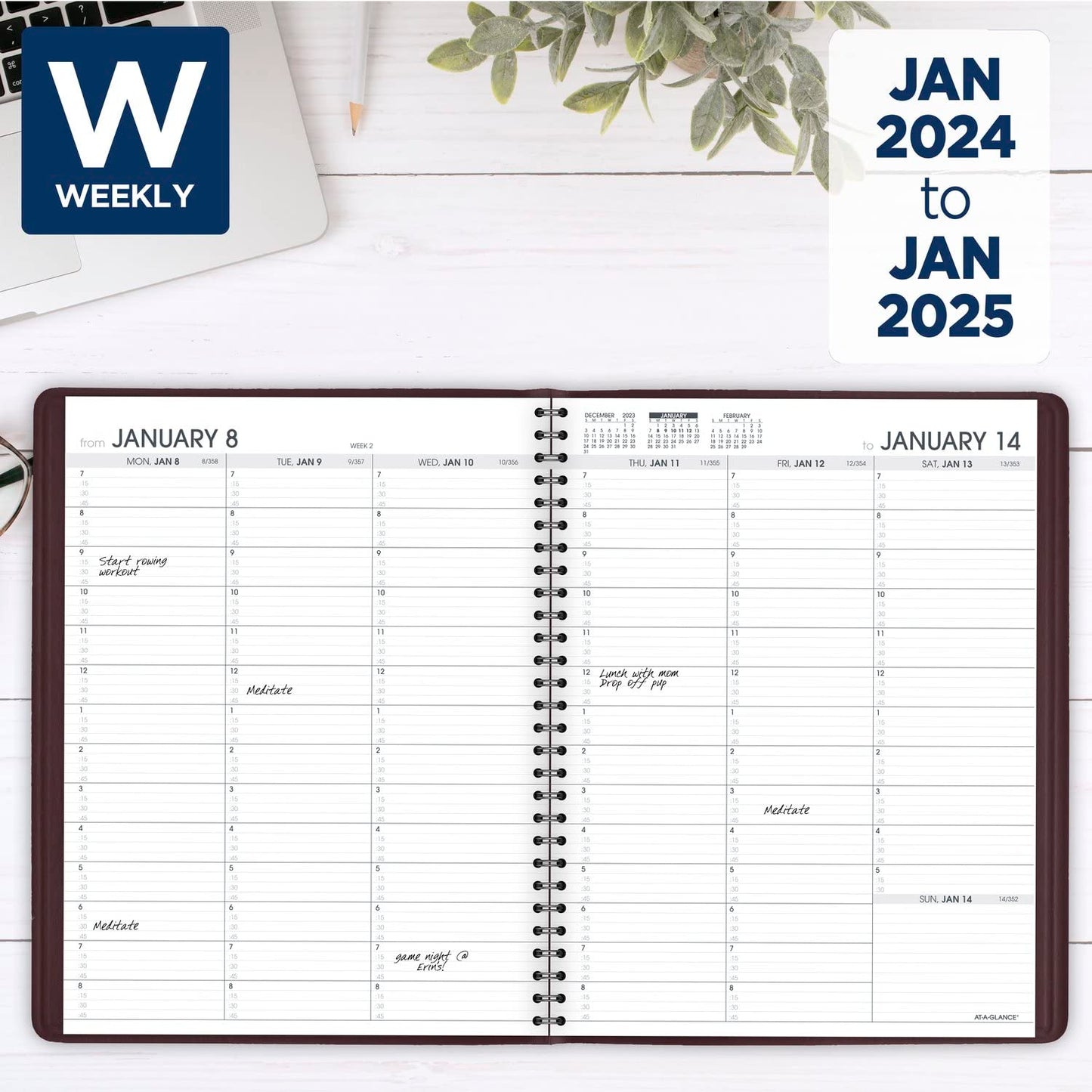 AT-A-GLANCE 2024 Weekly Planner, Quarter-Hourly Appointment Book, 8-1/4" x 11", Large, Winestone (709505024)