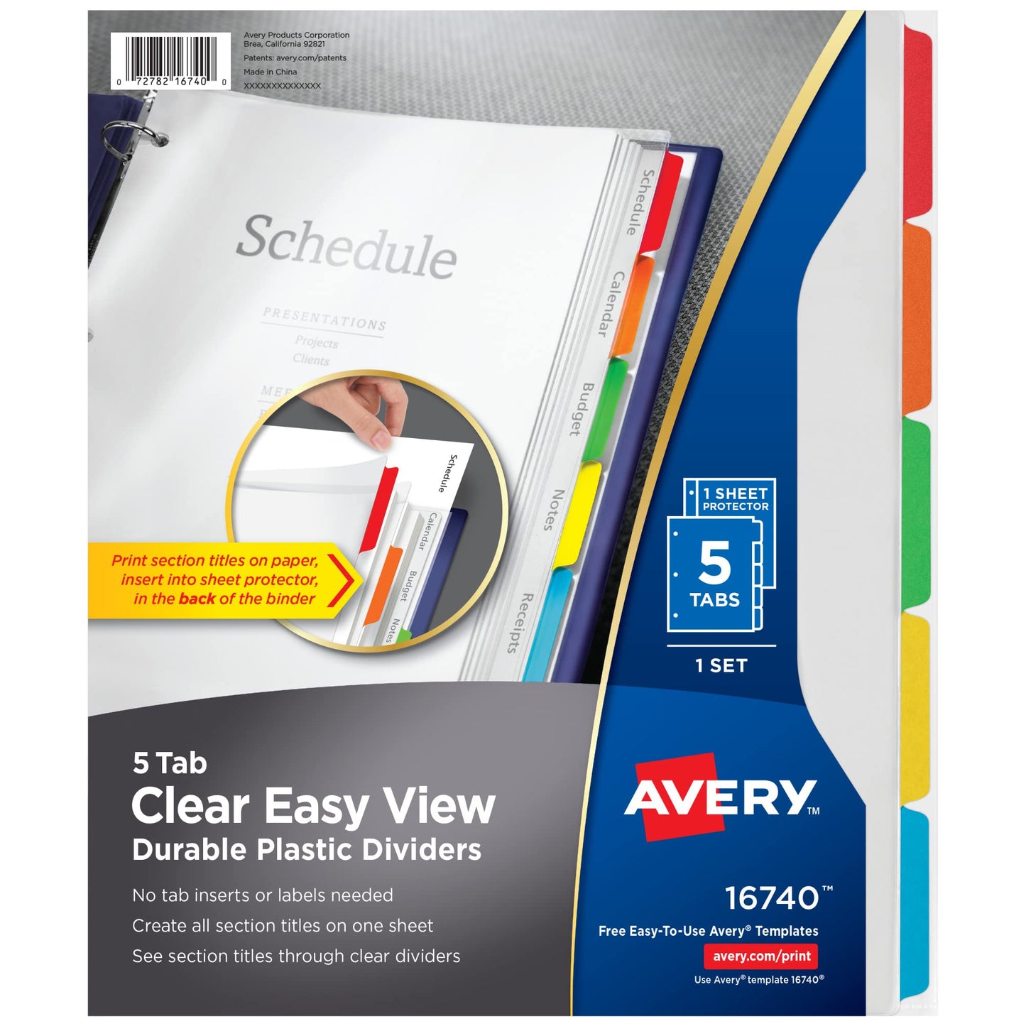 Avery Clear Easy View Durable Plastic Dividers for 3 Ring Binders, 5-Tab Set, Bright Multicolor, 1 Set (16740)