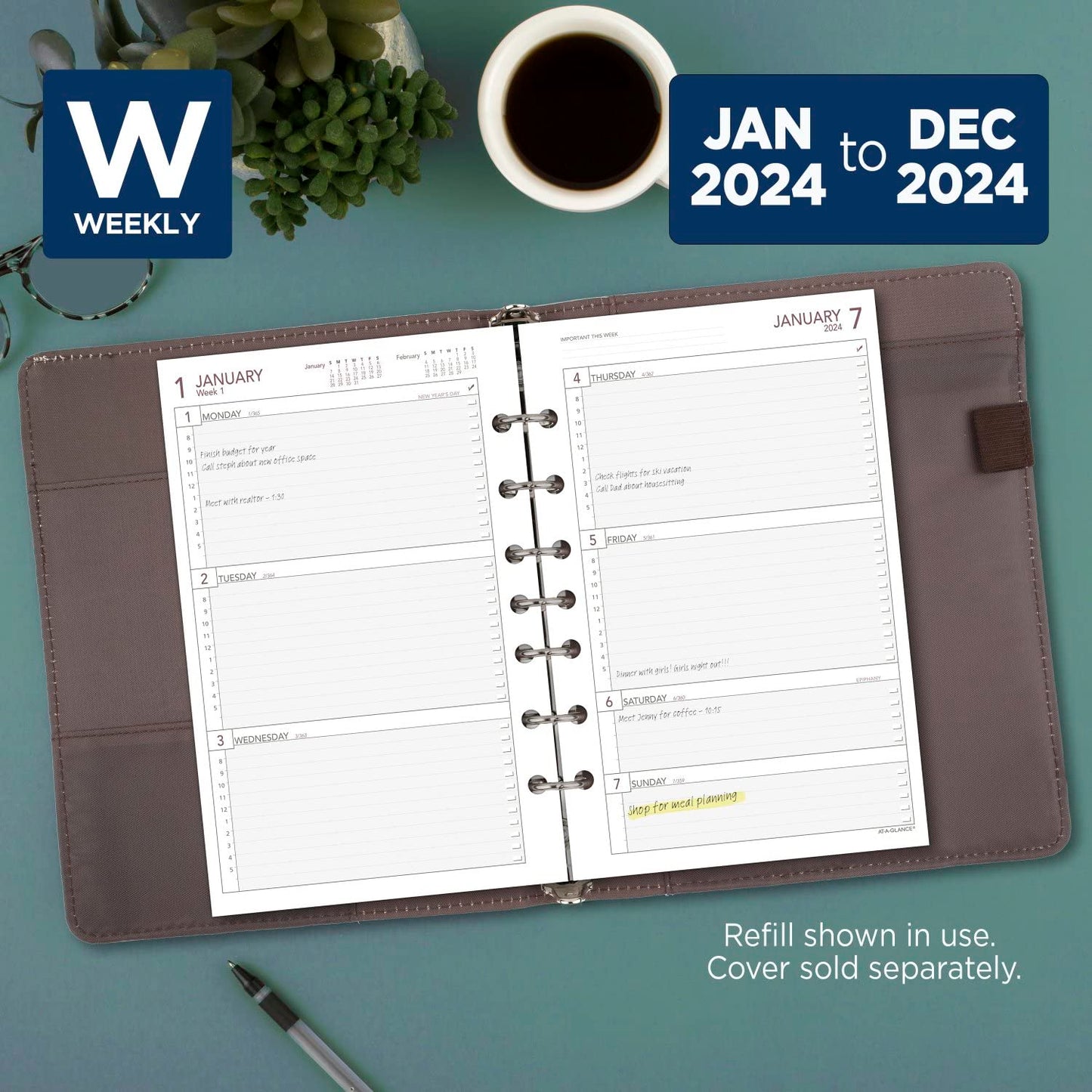 AT-A-GLANCE 2024 Planner Refill, Weekly, 5-1/2" x 8-1/2", Desk Size 4, Loose-Leaf (061-285Y-24)