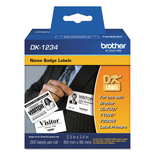 Brother Genuine DK-1234 Die-Cut Adhesive Name Badge White Paper Labels for Brother QL Label Printers, 2.3" x 3.4" (60mm x 86mm), 260 Labels per Roll, DK1234
