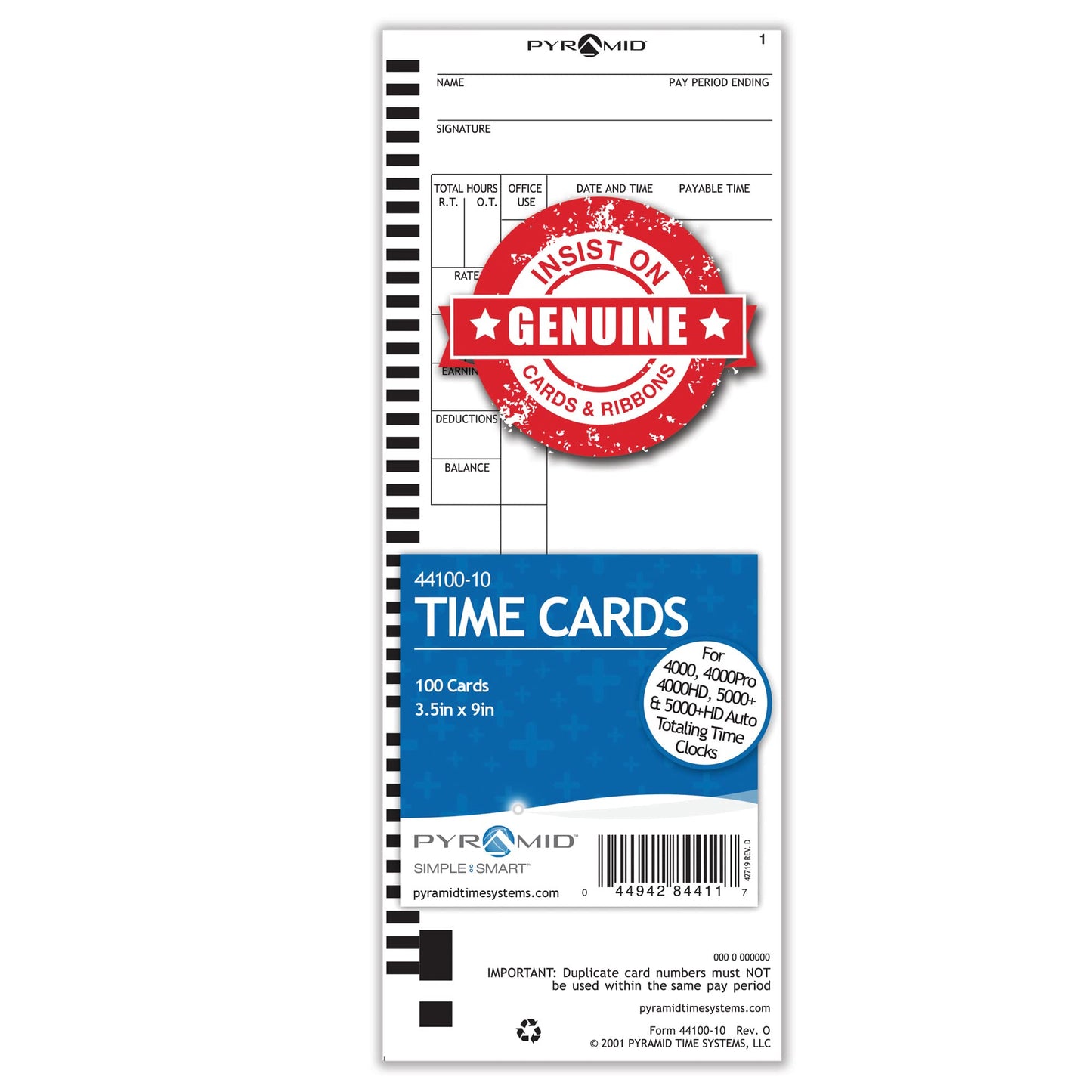 Pyramid™ 30% Recycled Time Cards for Pyramid Models 4000 & 5000, 9" x 3 1/2", Pack of 100