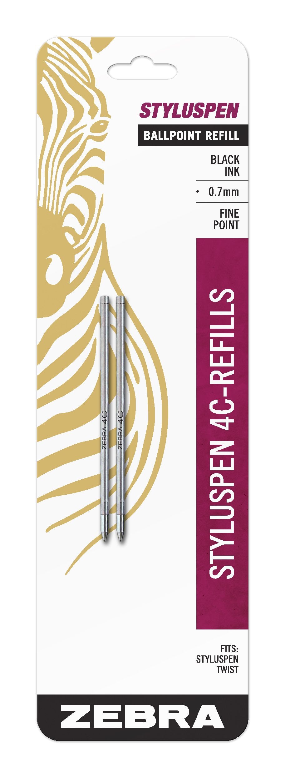 Zebra Pen StylusPen Twist Ballpoint Pen 4C Refill, Fine Point, 0.7mm, Black Ink, 2-Count