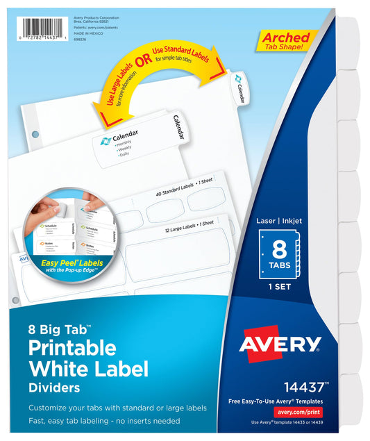Avery Big Tab Printable White Label Dividers with Easy Peel, 8 Tabs, 1 Set (14437)