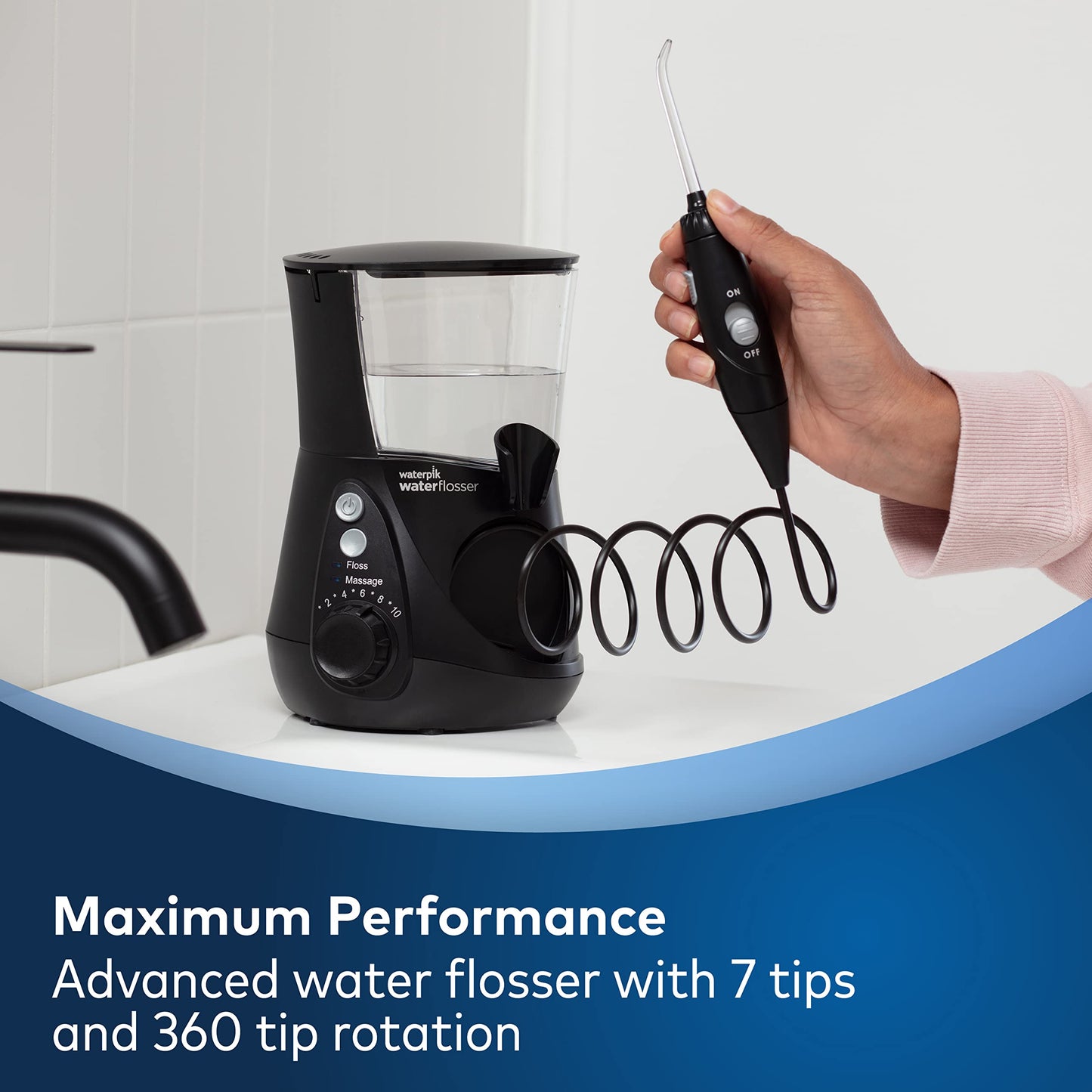 Waterpik Aquarius Water Flosser Professional For Teeth, Gums, Braces, Dental Care, Electric Power With 10 Settings, 7 Tips For Multiple Users And Needs, ADA Accepted, Black WP-662