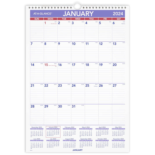 AT-A-GLANCE 2024 Wall Calendar, 12" x 17", Medium Tall, Spiral Bound, Monthly (PM22824)