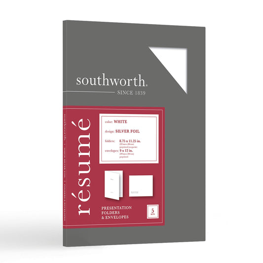 Southworth� R�sum� Folders & Envelopes, 9" x 12", 88-Lb, White/Silver, Pack Of 5