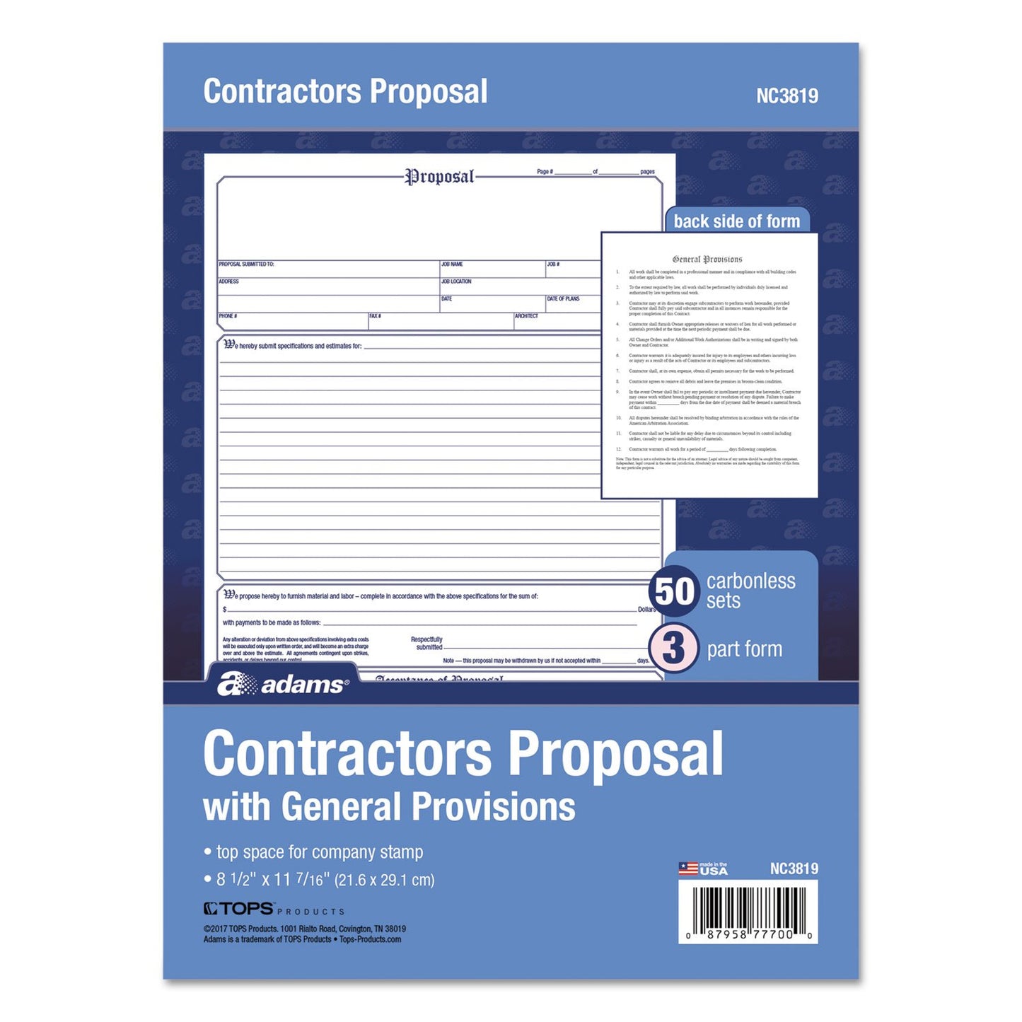 Adams Contractor's Proposal Forms, 8.5 x 11.44 Inch, 3-Part, Carbonless, 50-Pack, White, Canary and Pink (NC3819)