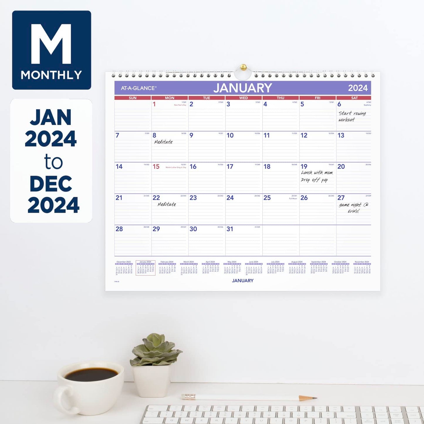 AT-A-GLANCE 2024 Wall Calendar, 15" x 12", Medium Wide, Spiral Bound, Monthly (PM82824)