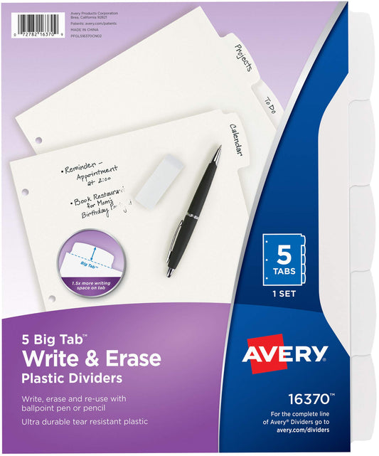 Avery Big Tab Write & Erase Durable Plastic Dividers for 3 Ring Binders, 5-Tab Set, White, 1 Set (16370)