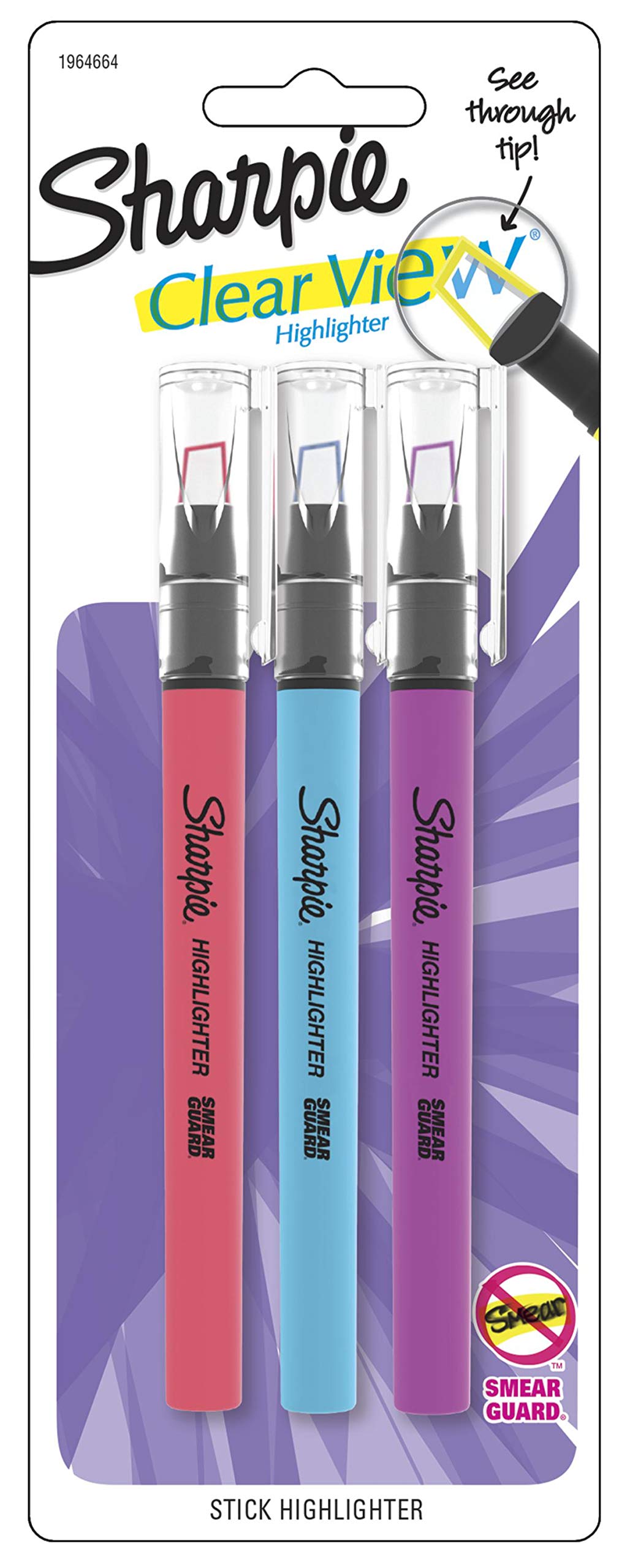 SHARPIE Clear View Highlighter Stick, Chisel Tip, Assorted Fluorescent, 3 Pack (1964664)