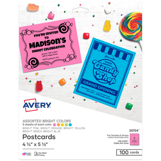 Avery Printable Blank Postcards, 4.25" x 5.5", Assorted Bright Colors, 100 Customizable Cards (35704)