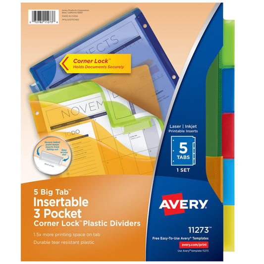 Avery Dividers for 3 Ring Binders, 5 Tab Binder Dividers, Three-Pocket Plastic Binder Dividers with Corner Lock, Insertable Big Tabs, Multicolor, Works with Sheet Protectors, 1 Set (11273)