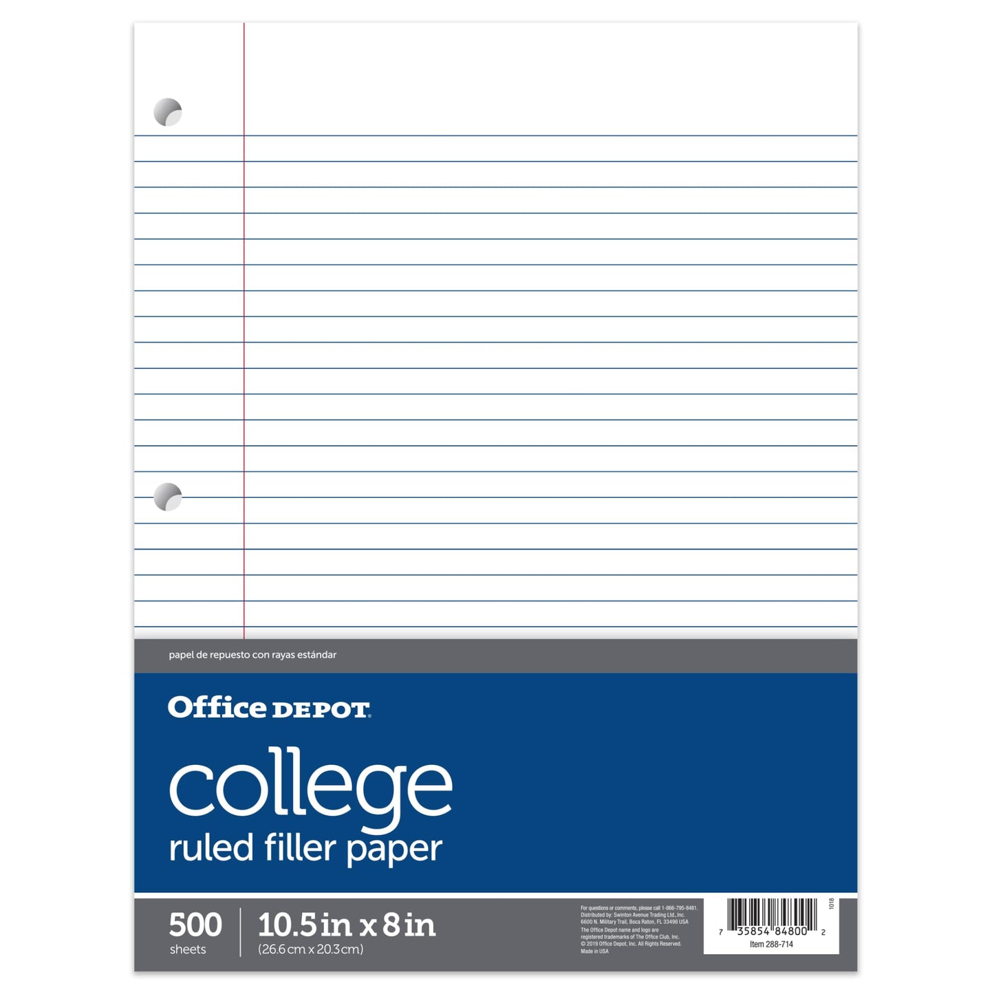 Office Depot� Brand Notebook Filler Paper, College Ruled, 8" x 10 1/2", White, Pack Of 500 Sheets