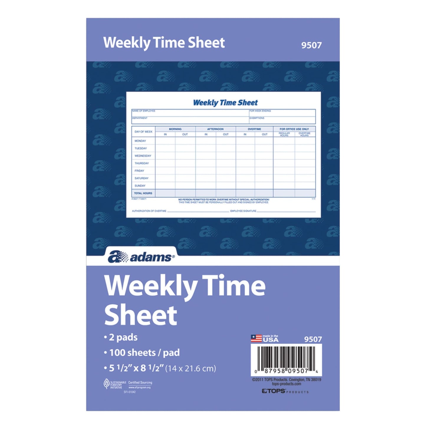 Adams Weekly Time Sheet, 1-Part, 5.5 x 8.5 Inches, Blue/White, 100 Sheets Per Pad, 2 Pack (9507ABF)