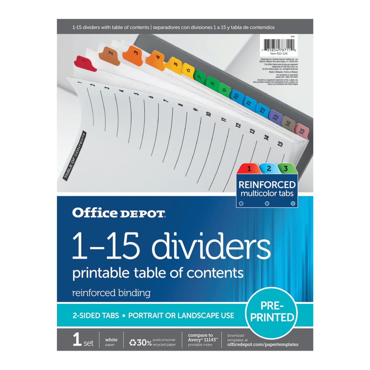 Office Depot(R) Multicolor Preprinted Table Of Contents Dividers, 1-15 Tab