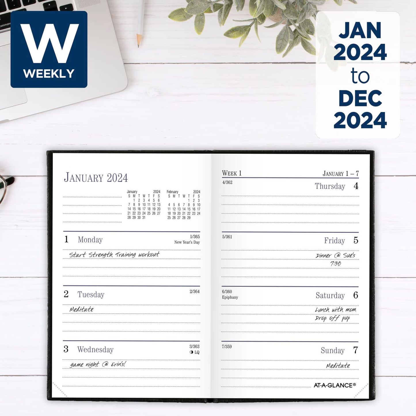 AT-A-GLANCE Fine Diary 2024 Weekly & Monthly Diary, 2-3/4" x 4-1/4", Pocket Size, Black (72010524)