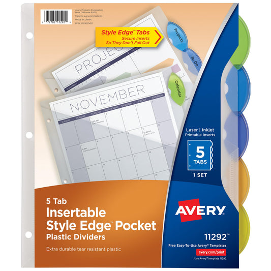 Avery Insertable Style Edge Pocket Plastic Dividers for 3 Ring Binders, 5 Tab Set, Multicolor, Works with Sheet Protectors, 1 Set (11292)