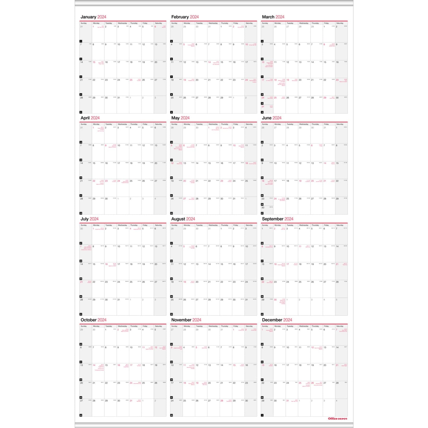 2024 Office Depot® Brand Yearly/Monthly Wall Calendar, 24" x 36", White, January to December 2024, OD301428