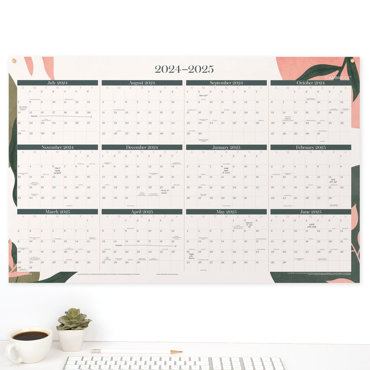 2024-2025 Cambridge® Haven Reversible Academic Year/Regular Year Erasable Wall Calendar, 24" x 36", Floral, July to June