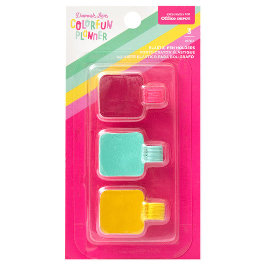 American Crafts Damask Love Colorfun Planner Elastic Pen Holders, Assorted Colors, Pack Of 3 Holders