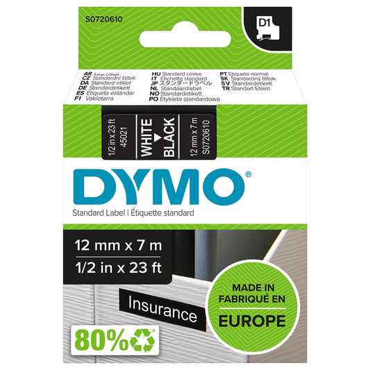 Dymo D1 Standard Labelling Tape 12mm x 7m - White on Black