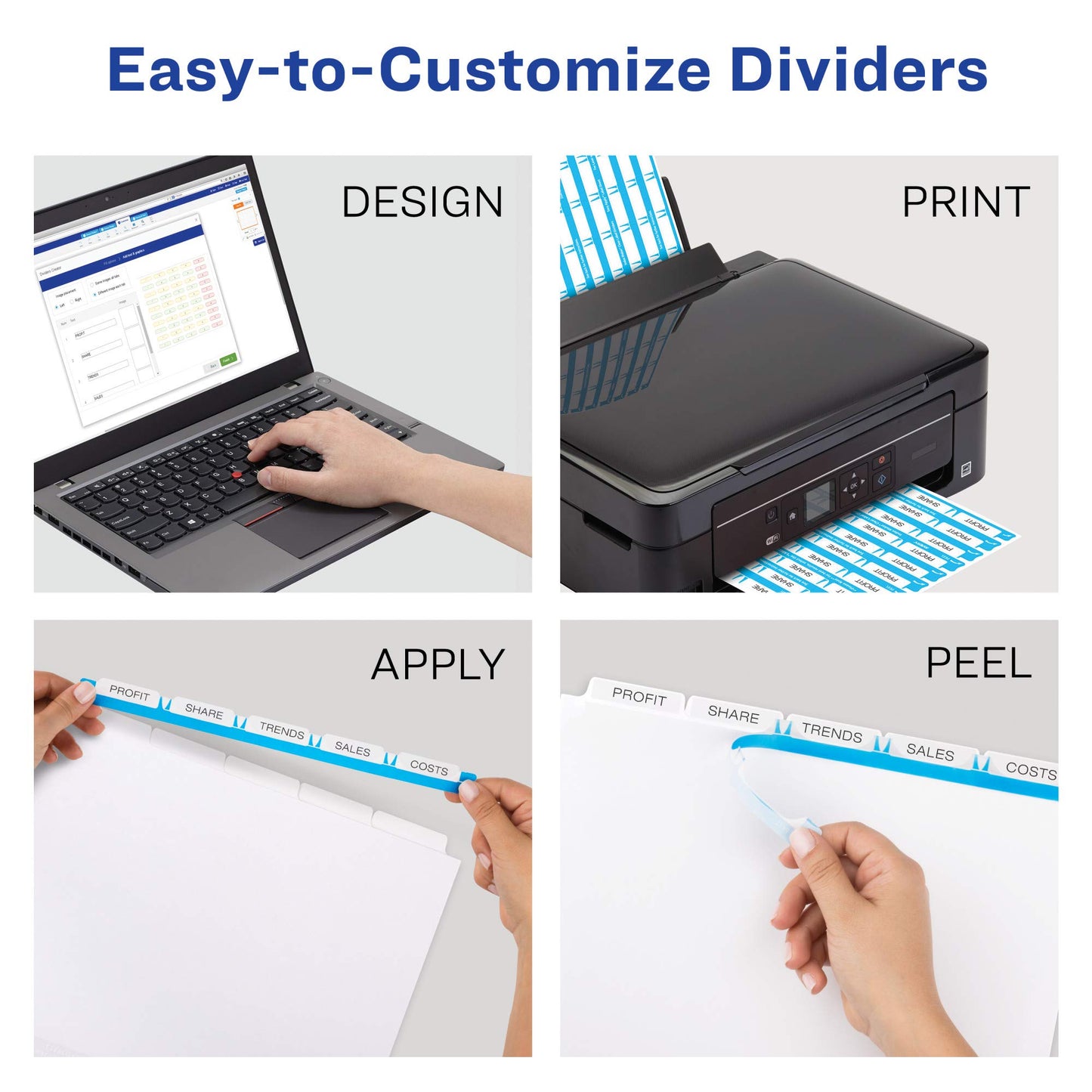 Avery 5 Big Tab Dividers for 3 Ring Binder, Easy Print & Apply Clear Label Strip, Index Maker Customizable White Tabs, 1 Set (11490)