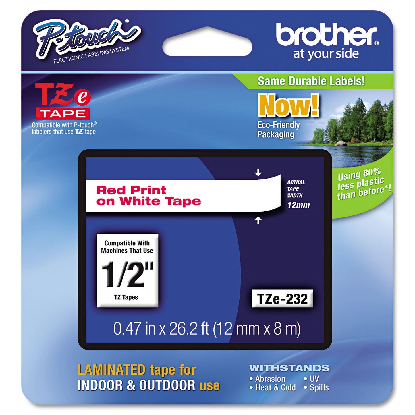 Brother Genuine P-Touch TZE-232 Tape, 1/2" (0.47 mm) Standard Laminated P-Touch Tape, Red on White Laminated for Indoor or Outdoor Use, Water-Resistant 26.2 ft (8m), Single-Pack