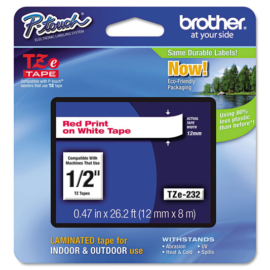 Brother Genuine P-Touch TZE-232 Tape, 1/2" (0.47 mm) Standard Laminated P-Touch Tape, Red on White Laminated for Indoor or Outdoor Use, Water-Resistant 26.2 ft (8m), Single-Pack