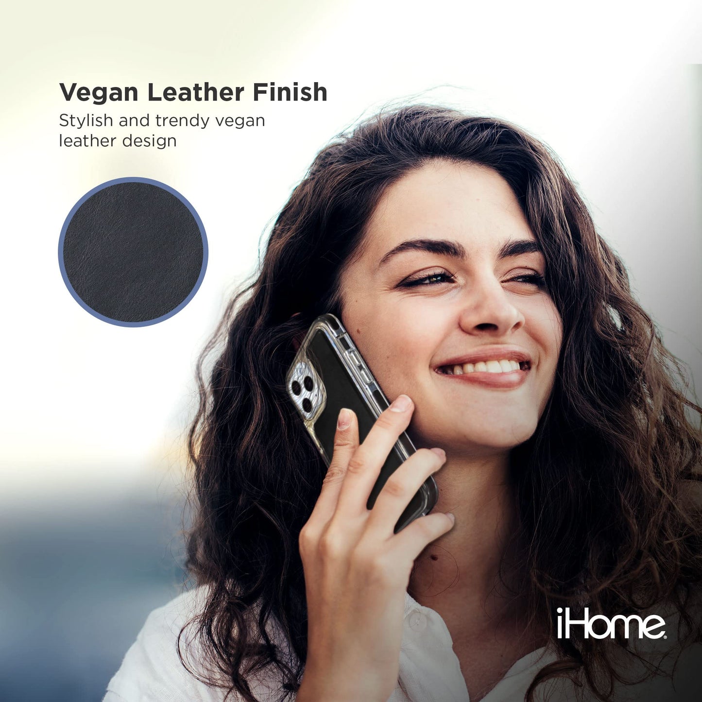 iHome Magnetic Vegan Leather Velo Case: Premium Vegan Leather, Lightweight, Ultra Slim, Shock Absorbent Velo Protective Case, MagSafe Compatible (iPhone 12/12 Pro, Black)