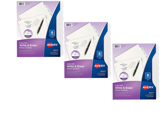 Avery Big Tab Write & Erase Durable Plastic Dividers, 8 White Tabs, 1 Set Per Pack, 3 Packs, 16371