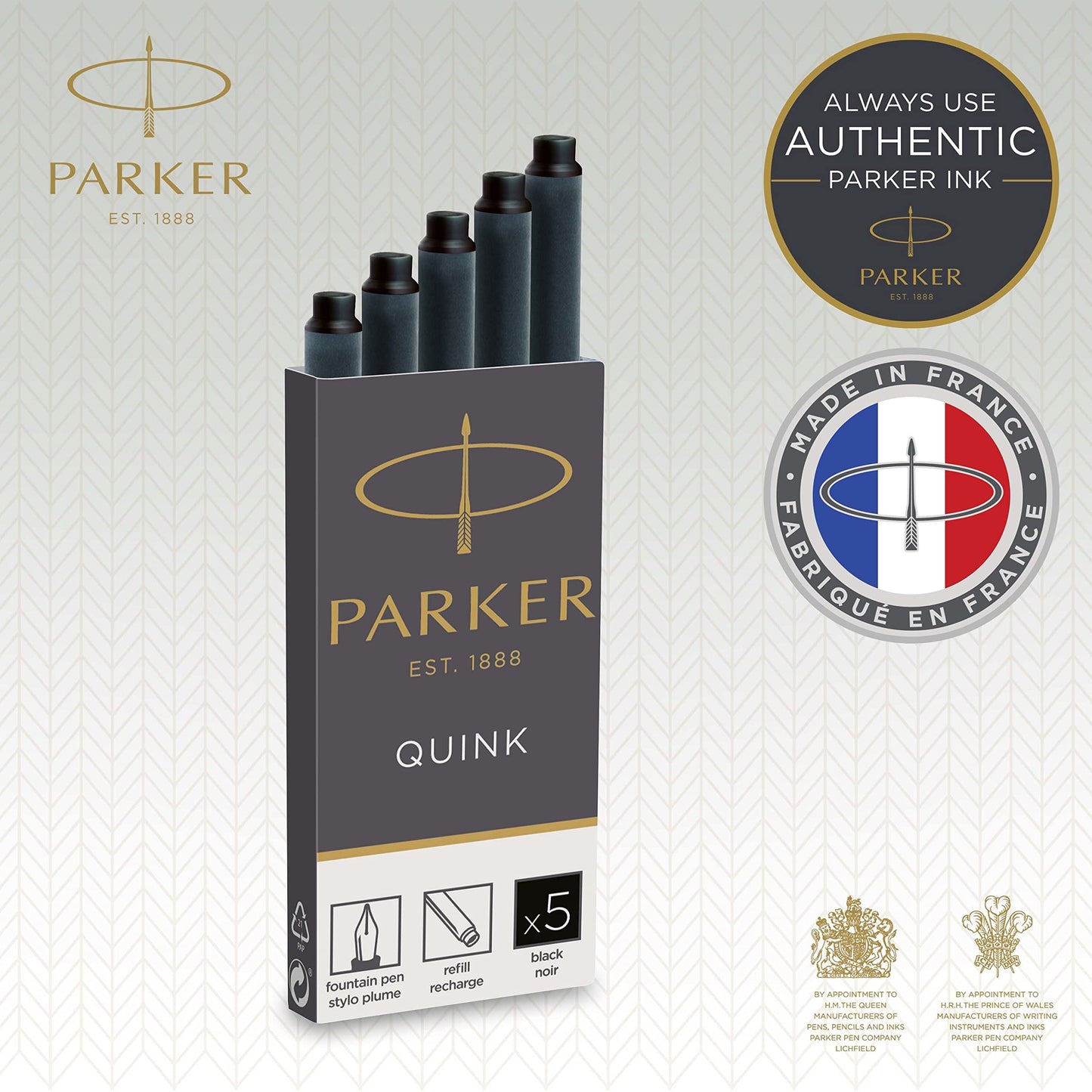 Parker QUINK Long Fountain Pen Ink Refill Cartridges, Black, 5 Count