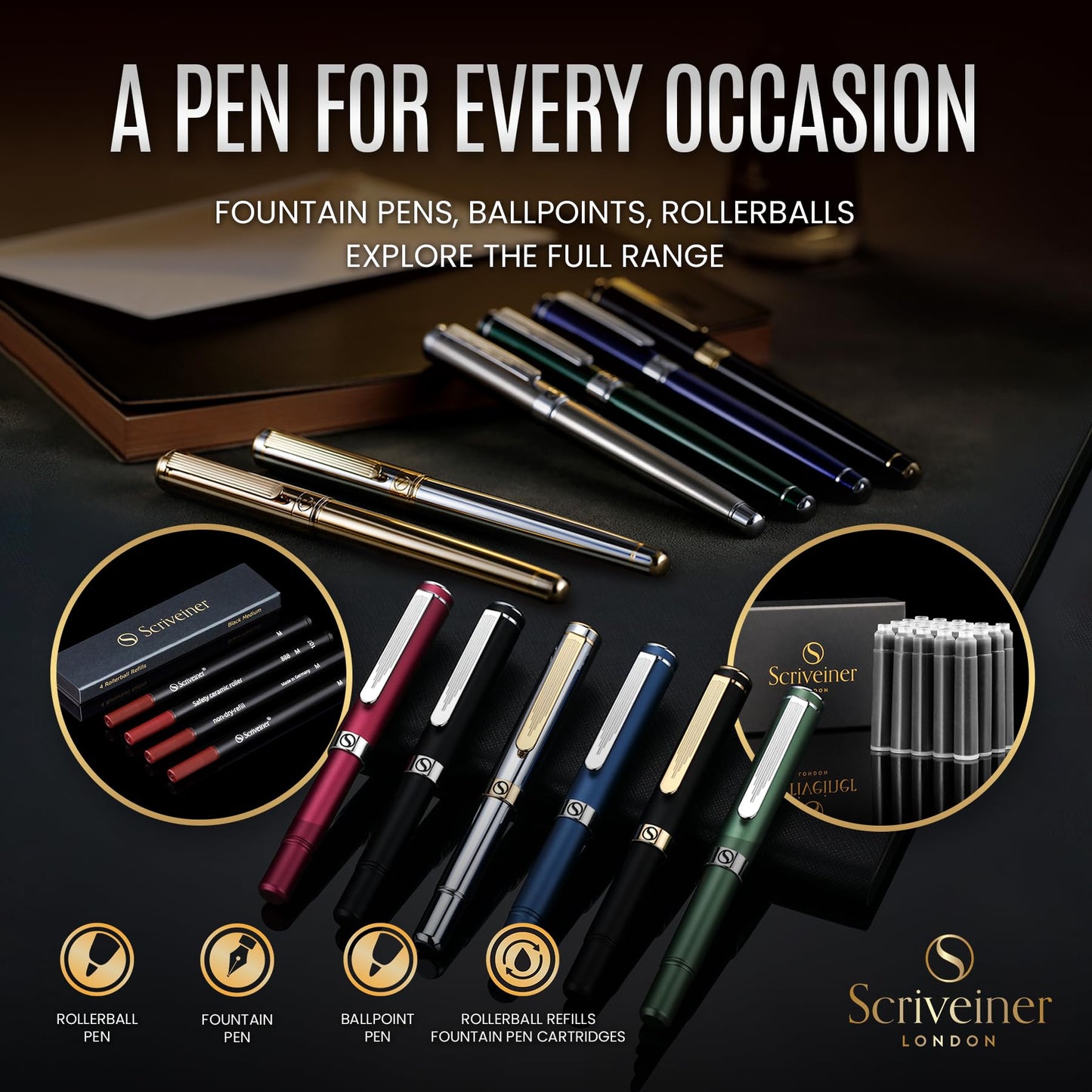 Scriveiner Black Lacquer Ballpoint Pen - Stunning Luxury Pen with 24K Gold Finish, Schmidt Black Refill, Best Ball Pen Gift Set for Men & Women, Professional Executive Office, Nice Fancy Designer Pens