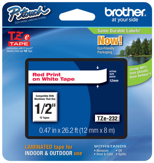 Brother Genuine P-Touch TZE-232 Tape, 1/2" (0.47 mm) Standard Laminated P-Touch Tape, Red on White Laminated for Indoor or Outdoor Use, Water-Resistant 26.2 ft (8m), Single-Pack