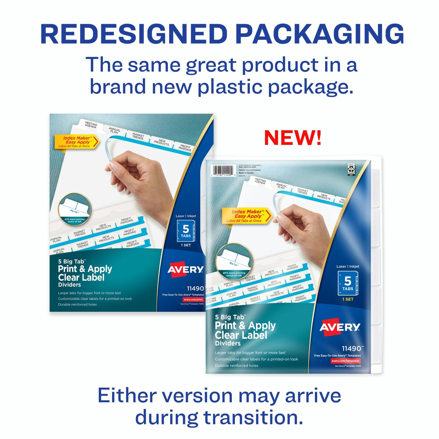 Avery 5 Big Tab Dividers for 3 Ring Binder, Easy Print & Apply Clear Label Strip, Index Maker Customizable White Tabs, 1 Set (11490)