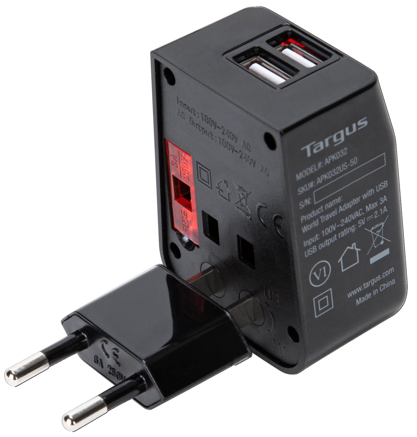 Targus World Travel Power Adapter with Dual USB Charging Ports for Laptop, Phone, Tablet, or Other Mobile Device (APK032US)