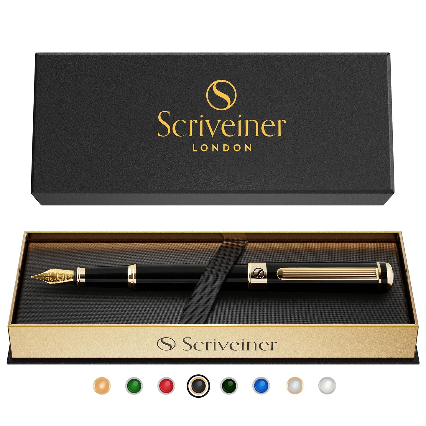 Scriveiner Luxury Fountain Pen - Stunning Black Lacquer Pen, 24K Gold Finish, Schmidt 18K Gilded Nib (Medium), Converter, Best Pen Gift Set for Men & Women, Professional, Executive, Office, Nice Pens