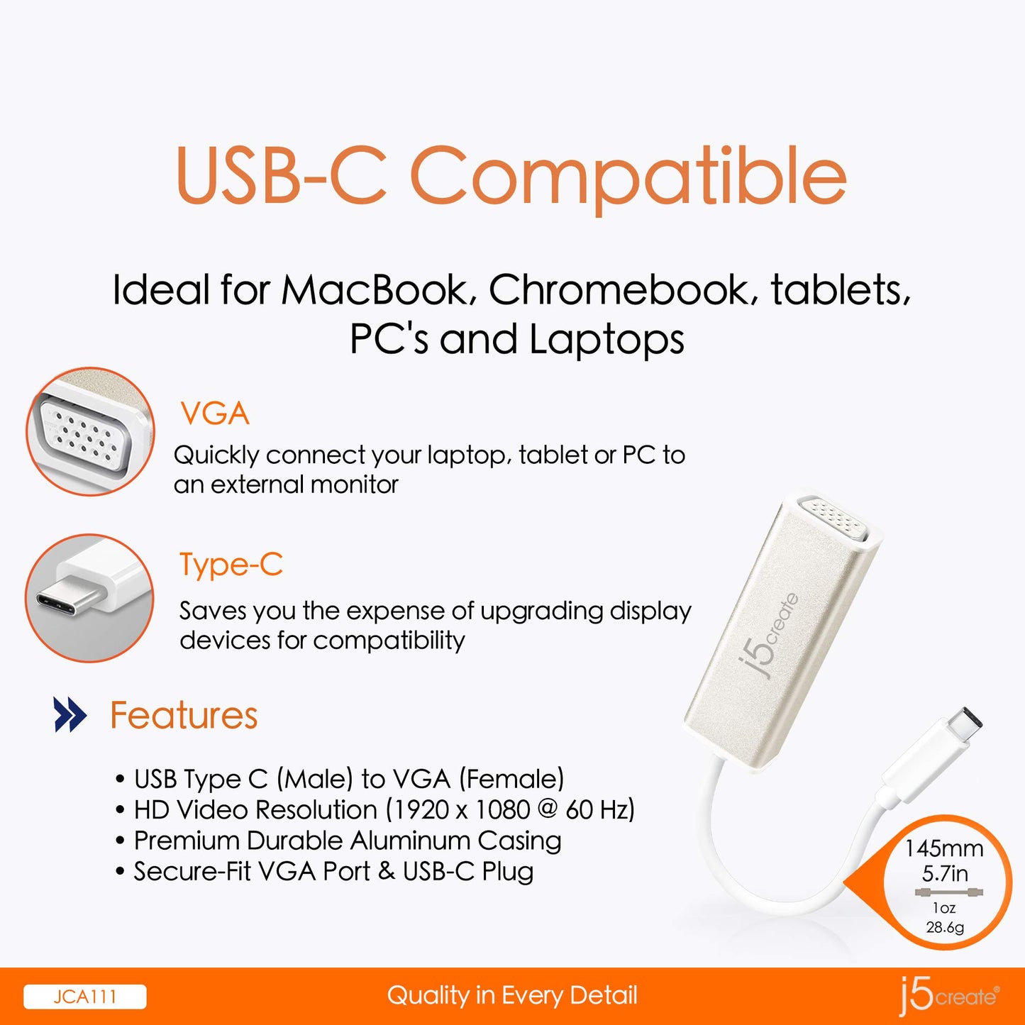 j5create USB 3.1 Type-C to VGA Adapter JCA111