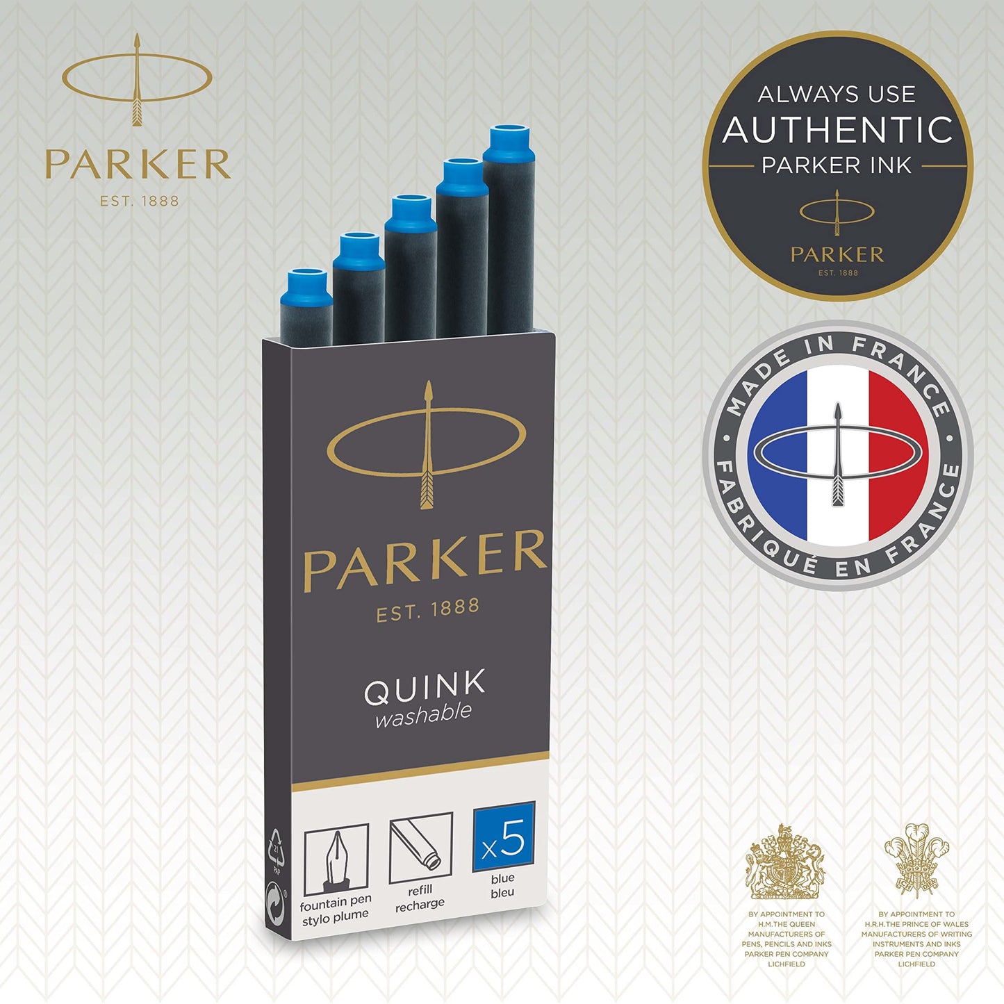 Parker QUINK Long Fountain Pen Ink Refill Cartridges, Washable Blue, 5 Count