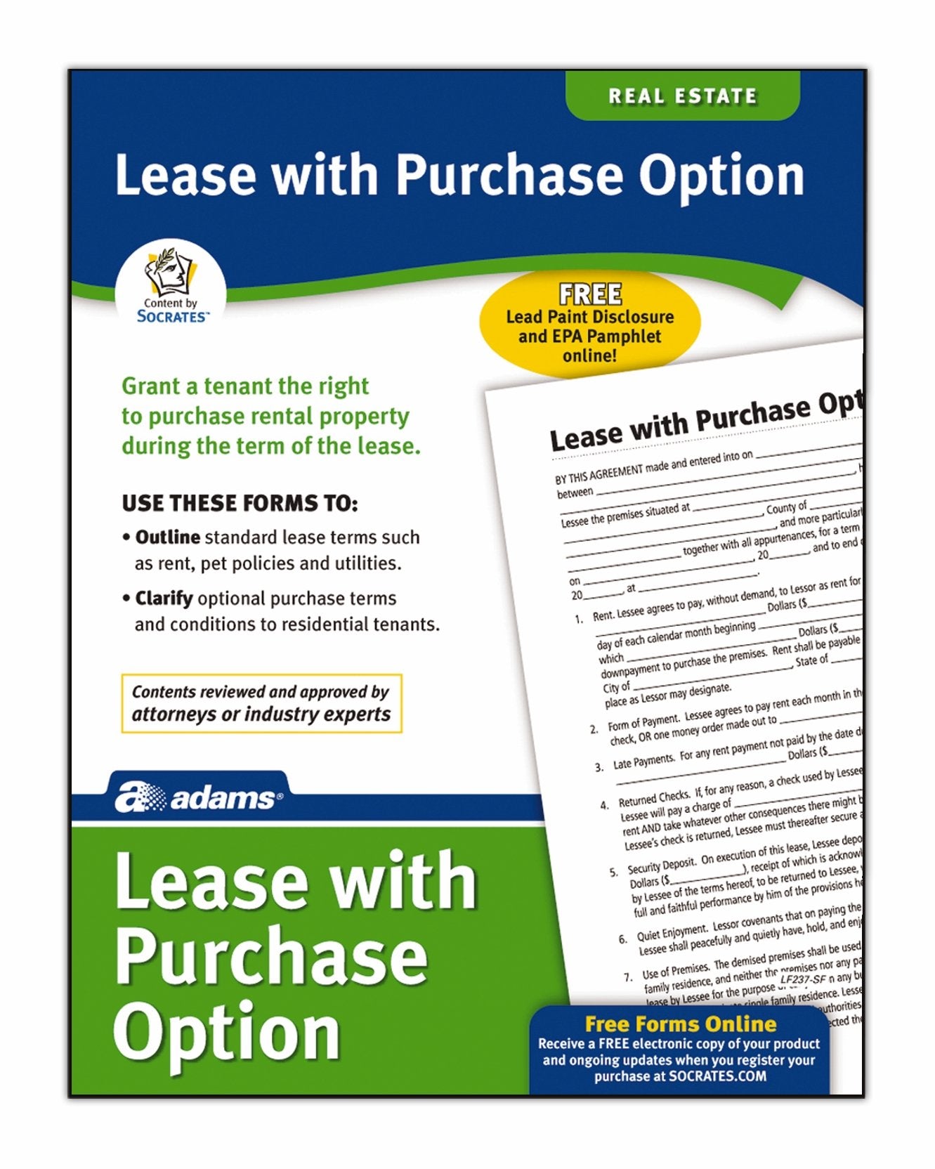 Adams Lease with Purchase Option Forms, Includes Downloadable, Fillable Digital Forms, White (LF237)