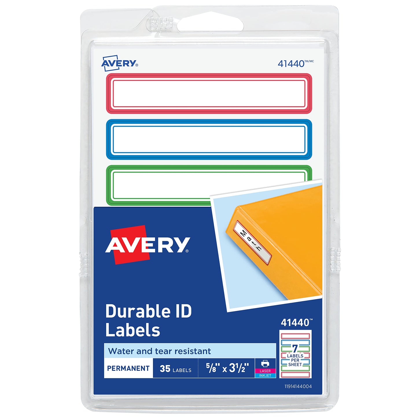 Avery(R) Durable Labels for Kids' Gear, 5/8" x 3-1/2", Assorted Border Colors, Water-Resistant Labels, 35 Rectangle Labels Total (41440)